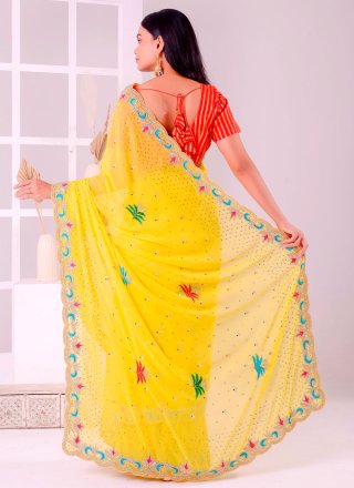 Yellow Georgette Embroidered and Stone Work Contemporary Saree for Ceremonial