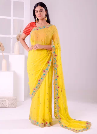 Yellow Georgette Embroidered and Stone Work Contemporary Saree for Ceremonial