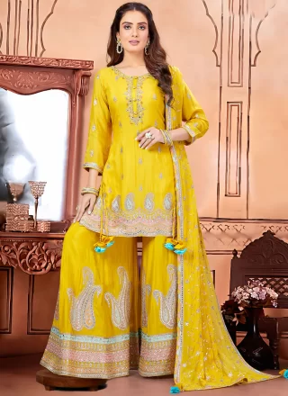Yellow Georgette Embroidered, Mirror and Sequins Work Trendy Suit for Engagement
