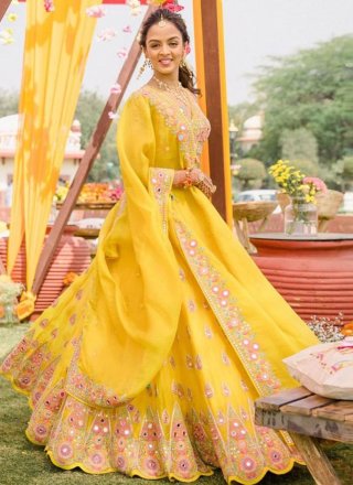Yellow Georgette Embroidered, Mirror and Thread Work Lehenga Choli