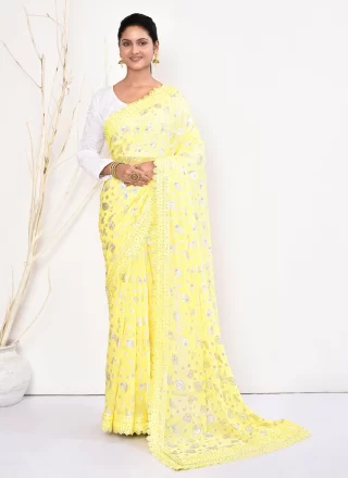 Yellow Georgette Hand Work Designer Sari for Ceremonial