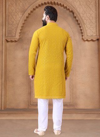 Yellow Georgette Kurta Mens Wear