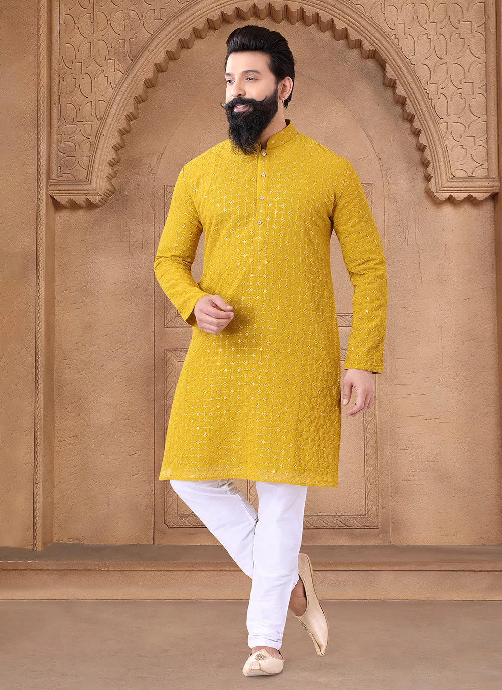 Buy Yellow Georgette Kurta Mens Wear Online 288931