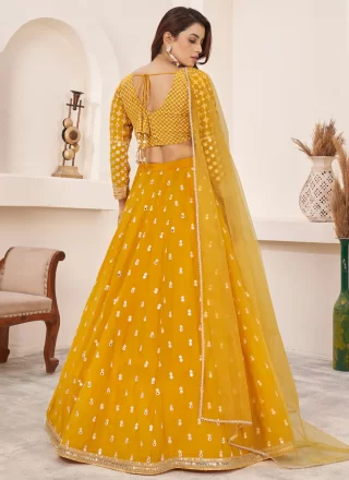 Yellow Georgette Lehenga Choli with Embroidered, Sequins and Thread Work