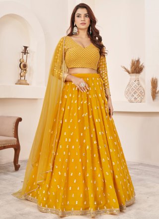Yellow Georgette Lehenga Choli with Embroidered, Sequins and Thread Work