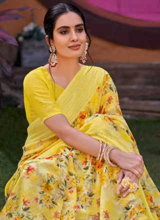 Yellow Georgette Print Work Designer Sari for Women
