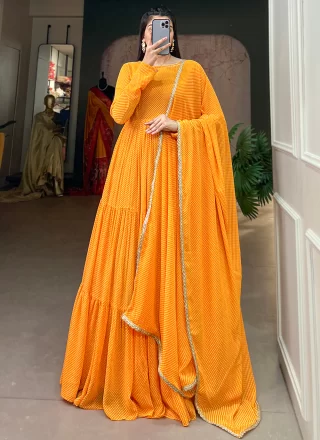 Yellow Georgette Print Work Gown