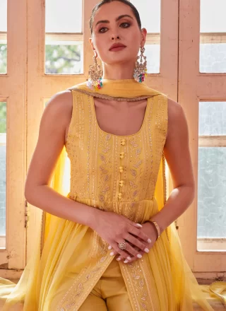 Yellow Georgette Salwar Suit with Embroidered and Sequins Work for Ceremonial