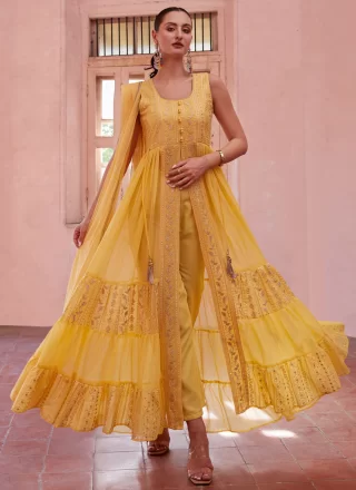 Yellow Georgette Salwar Suit with Embroidered and Sequins Work for Ceremonial