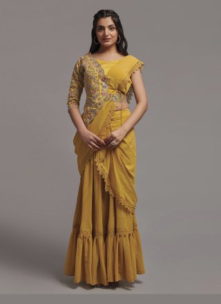 yellow georgette traditional saree with embroidered sequins and thread work for women 278339