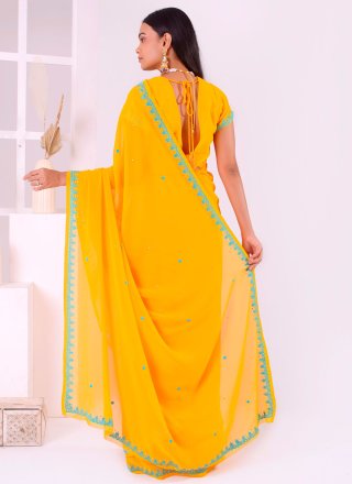 Yellow Georgette Traditional Saree with Patch Border and Embroidered Work