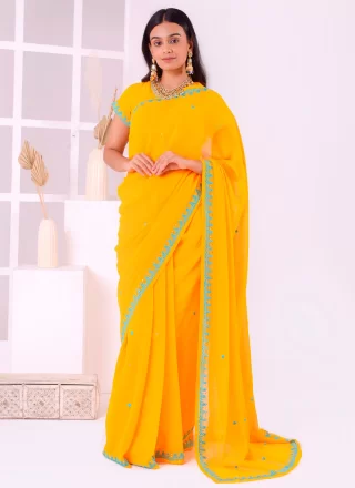 Yellow Georgette Traditional Saree with Patch Border and Embroidered Work