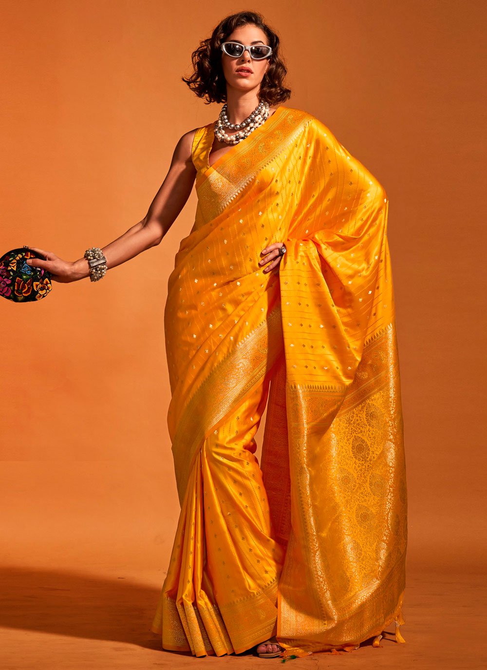 WoodenTant women's handloom cotton silk saree in Yellow with multicolor  designer Leaf in Pallu with blouse piece.