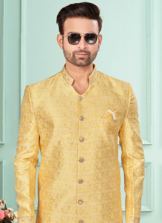 Yellow Jacquard Fancy Work Indo Western