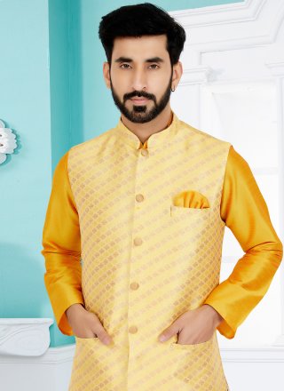 Yellow Jacquard Fancy Work Nehru Jackets for Ceremonial