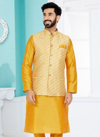 Yellow Jacquard Fancy Work Nehru Jackets for Ceremonial