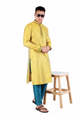 Yellow Jacquard Kurta Pyjama with Weaving Work for Men