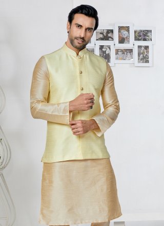Yellow Jacquard Nehru Jackets In Plain for Men