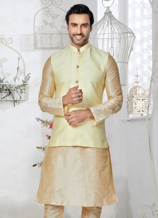Yellow Jacquard Nehru Jackets In Plain for Men