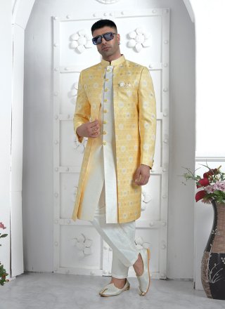 Yellow Jacquard Silk Fancy Work Indo Western