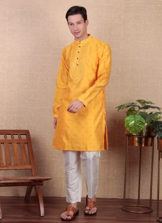 Yellow Jacquard Silk Kurta Pyjama