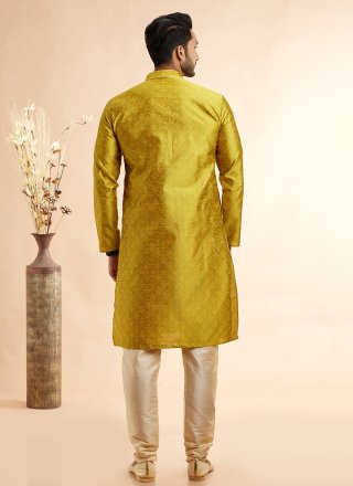 Yellow Jacquard Silk Machine Embroidery and Mirror Work Kurta Pyjama