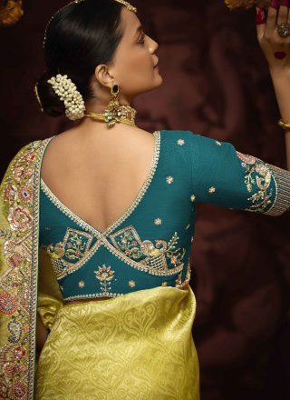 Yellow Kanjivaram Silk Embroidered, Weaving and Zari Work Trendy Saree for Women