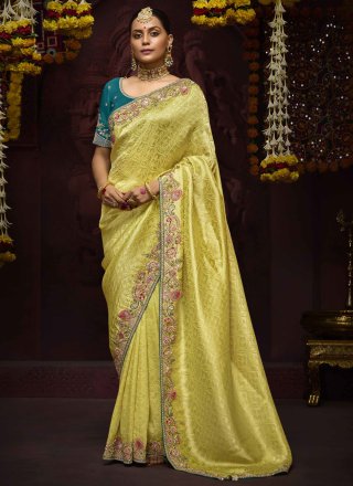 Yellow Kanjivaram Silk Embroidered, Weaving and Zari Work Trendy Saree for Women