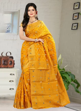 Yellow Kanjivaram Silk Embroidered Work Classic Saree for Women
