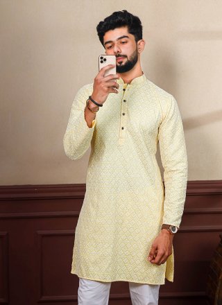 Yellow Silk Kurta Pyjama with Chikankari and Embroidered Work for Men