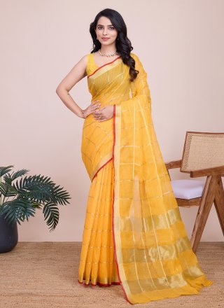 Yellow Kota Doriya Classic Sari with Weaving and Zari Work for Women