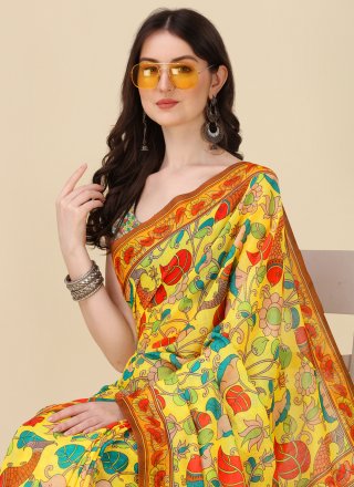 Yellow Linen Classic Sari with Digital Print Work