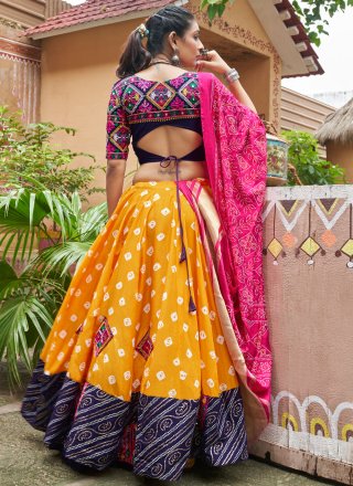 Yellow Maslin Cotton Readymade Lehenga Choli with Embroidered, Mirror and Print Work