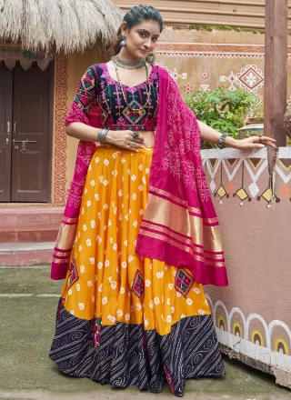 Yellow Maslin Cotton Readymade Lehenga Choli with Embroidered, Mirror and Print Work