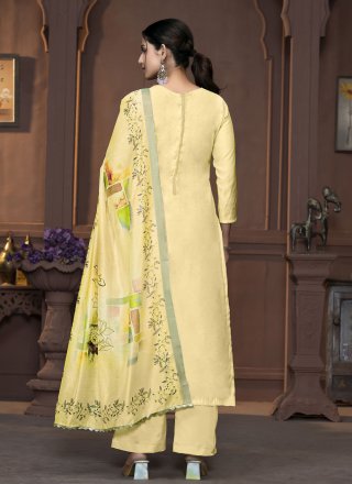 Yellow Modal Palazzo Salwar Suit with Hand and Print Work