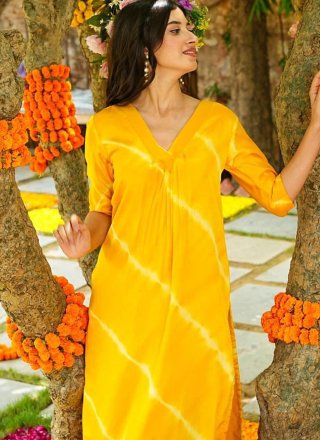Yellow Muslin Casual Kurti with Digital Print Work