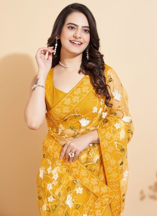 Yellow Net Contemporary Saree with Embroidered Work for Casual