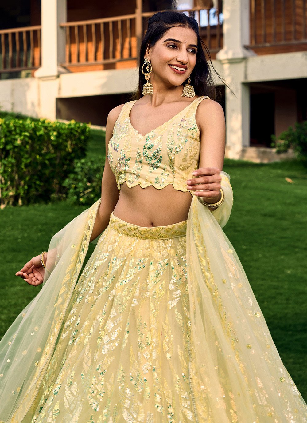 Yellow Net Embroidered, Sequins and Thread Work A - Line Lehenga Choli ...