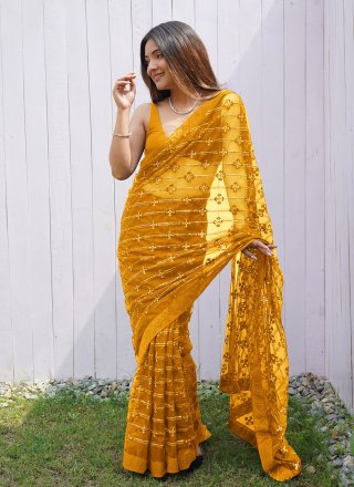 Hot Shaded Yellow Sequins Stripes Saree