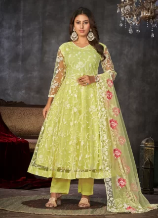 Yellow Net Embroidered Work Salwar Suit for Women