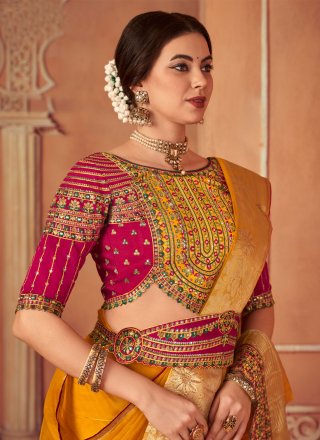 Yellow Organza Contemporary Saree with Embroidered, Mirror and Sequins Work