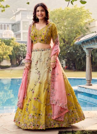 Yellow Organza Embroidered, Sequins and Stone Work Lehenga Choli for Reception