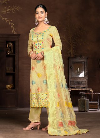 Yellow Organza Palazzo Salwar Suit with Hand and Woven Work for Ceremonial