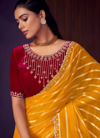 Yellow Organza Trendy Saree with Patch Border Work