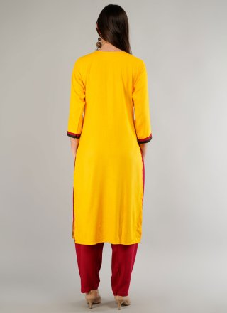Yellow Patch Border Work Rayon Pant Style Suit