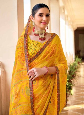Yellow Pearls Work Chiffon Classic Sari
