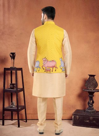 Yellow Print Work Silk Designer