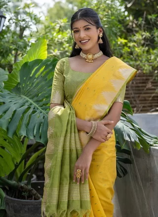 Yellow Raw Silk Woven Work Contemporary Sari for Ceremonial