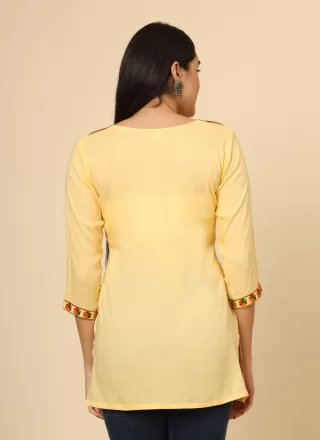 Yellow Rayon Chikankari, Embroidered and Thread Work Casual Kurti