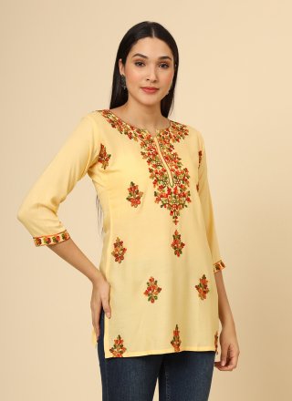 Yellow Rayon Chikankari, Embroidered and Thread Work Casual Kurti